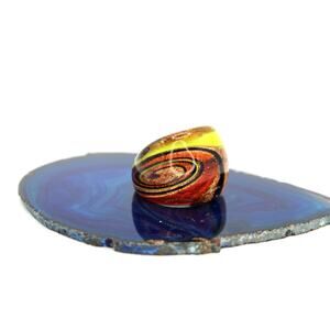 1970's Handblown Yellow, Orange and Brown Swirl on Gold Glitter Glass Ring